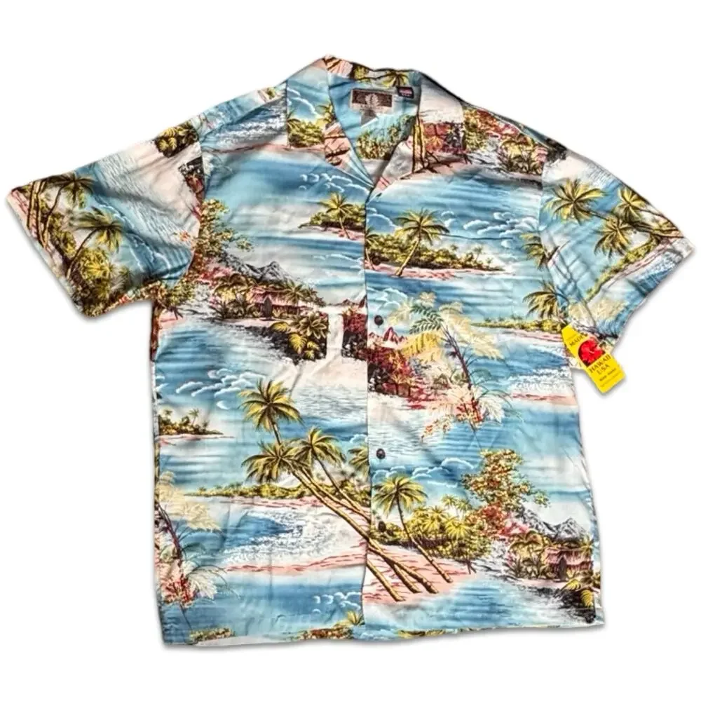 Vintage KALAHEO Hawaiian Shirt Large Blue Tropical Island Made‎ In Hawaii Rayon